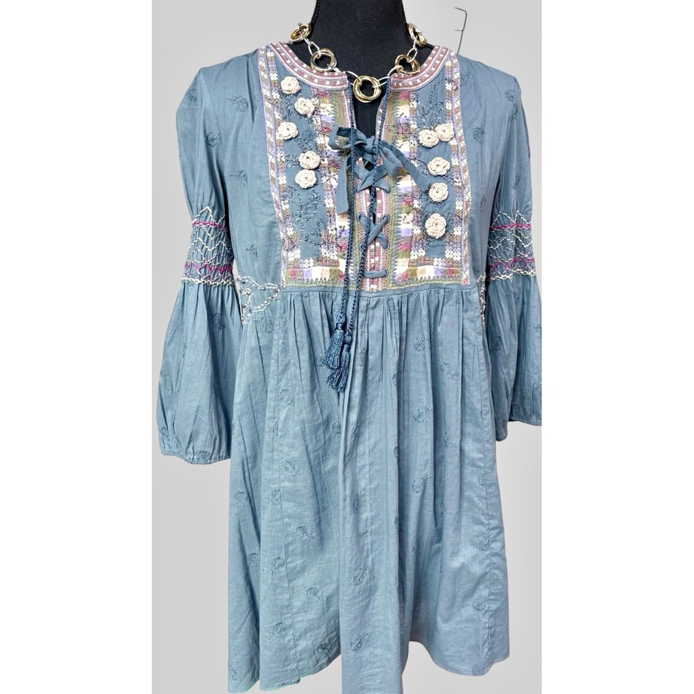 Odd Molly Uncorporated Size 2 Blue Embroidered Boho Tunic Dress 211-606